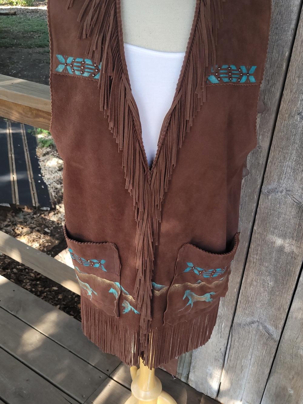 Patricia Wolf Brown Suede Fringe Vest Hand Painted Turquoise Horses M